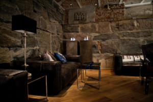 a room with stone walls